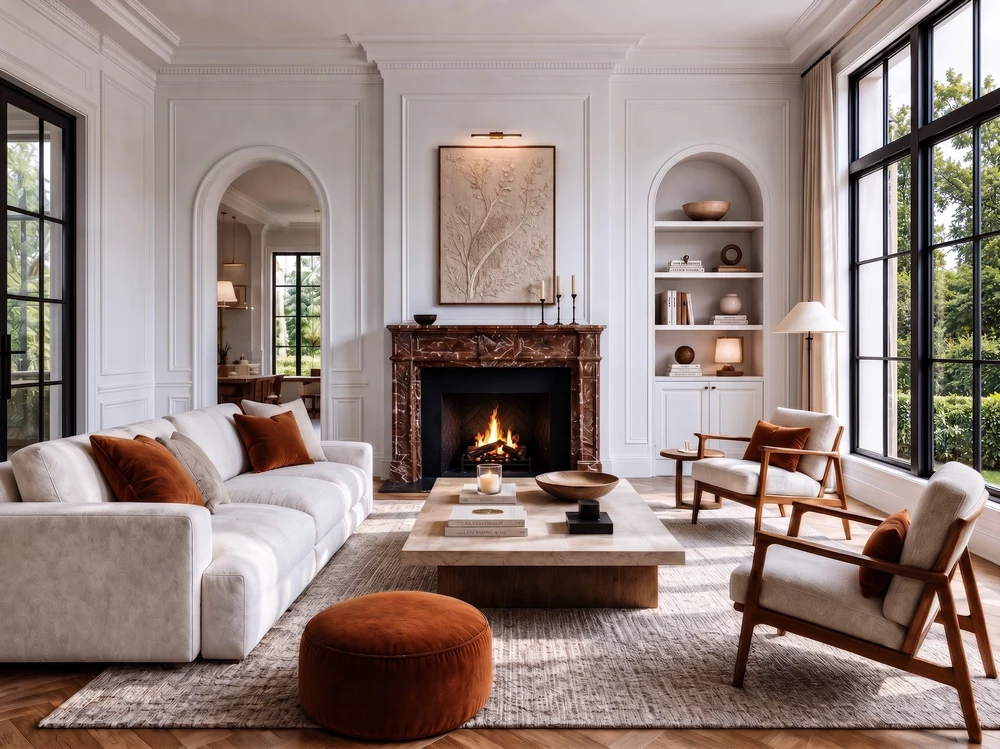 Modern living room interior in Los Angeles with fireplace, neutral tones, and custom furnishings