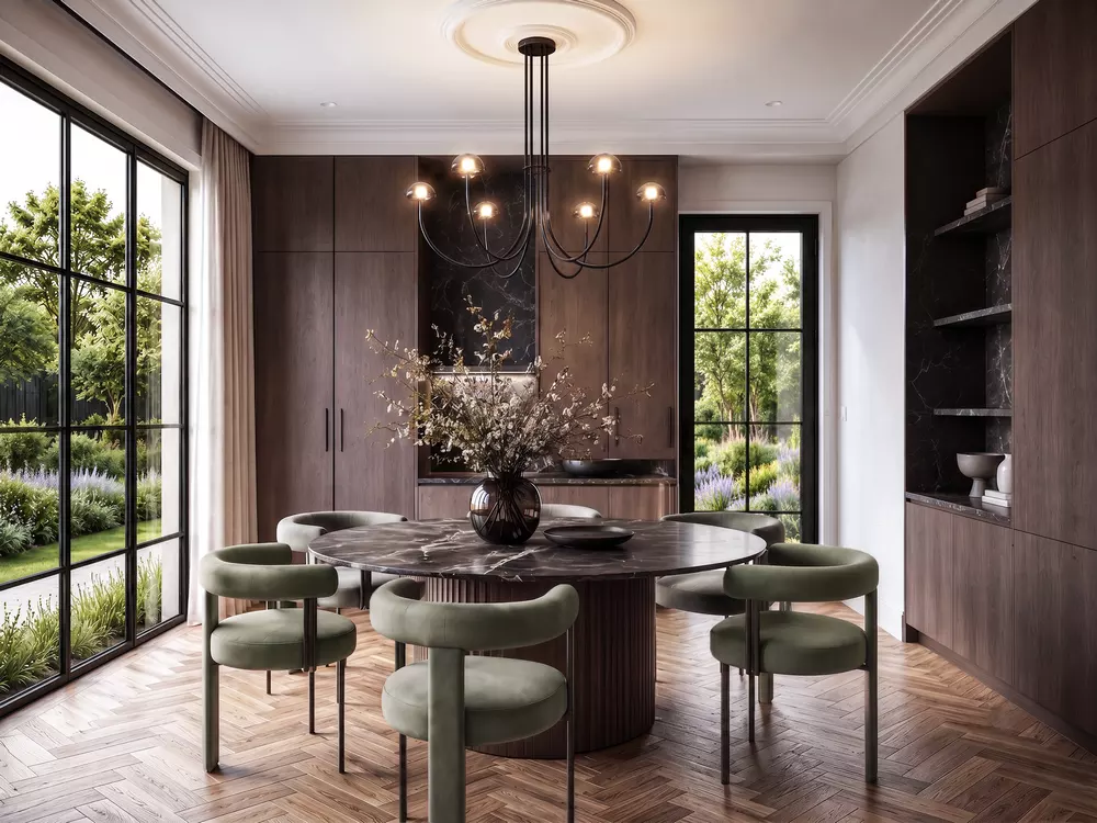 Elegant dining room interior design with statement lighting and modern finishes