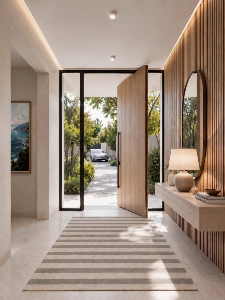 Modern Orange County entryway with wood accents and natural light