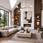 Contemporary open-plan living space with custom furniture and natural light
