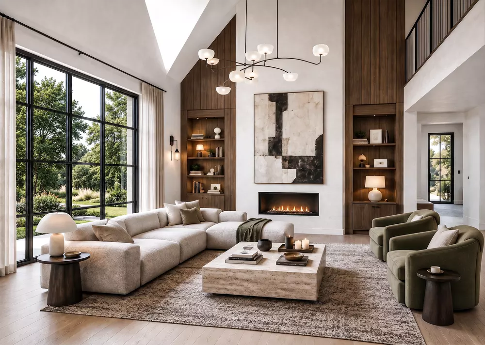 Contemporary open-plan living space with custom furniture and natural light