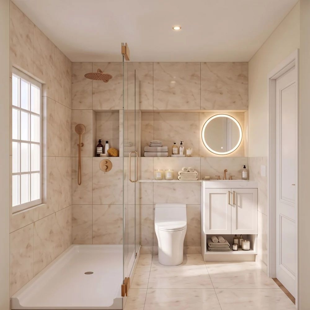 Minimal bathroom with walk-in shower, stone tiles, and round mirror