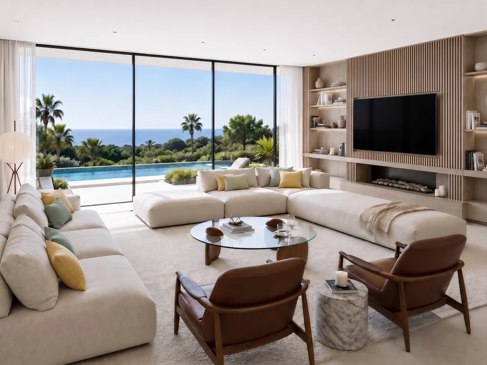 Modern living room interior design San Jose with neutral tones and large windows