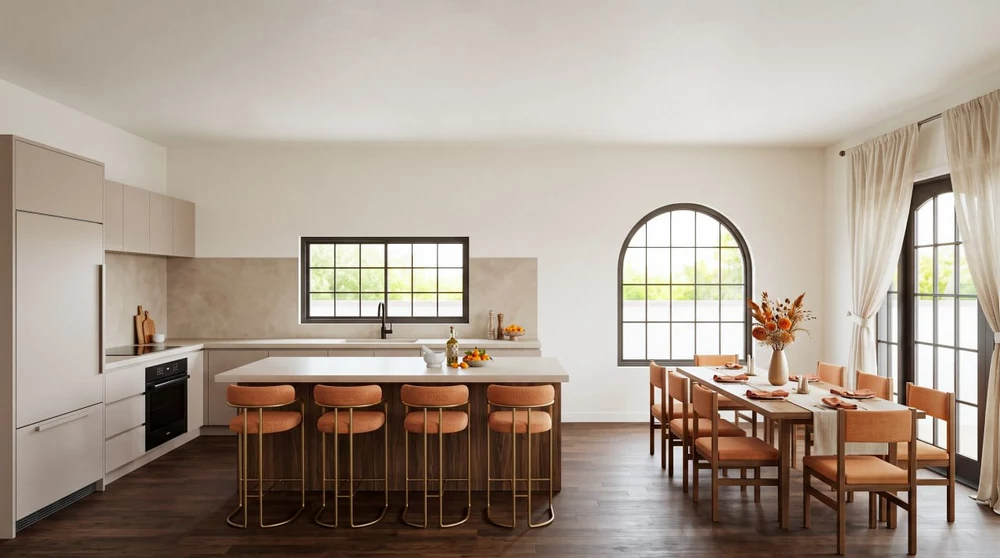 Modern Pacific Palisades dining area with wood table and natural light
