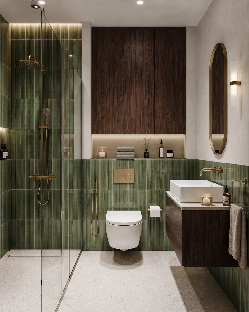 Modern bathroom interior in Los Angeles with green tile walls, floating vanity, and glass shower