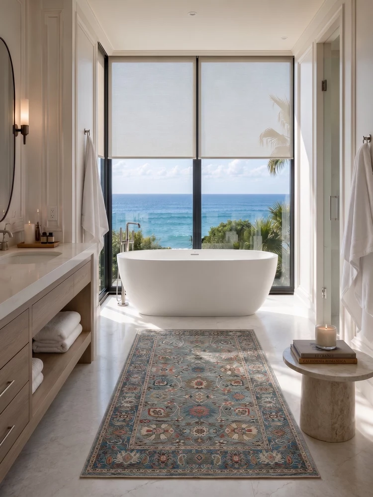 Luxury Orange County bathroom with freestanding tub and panoramic ocean view