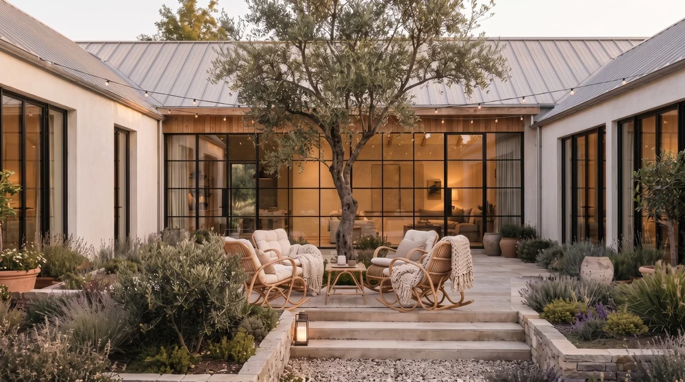 Elegant courtyard design with indoor-outdoor flow and relaxed California style