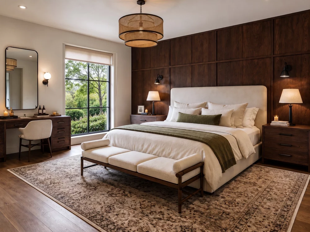 Modern bedroom with wood panel wall, large window, and neutral tones.