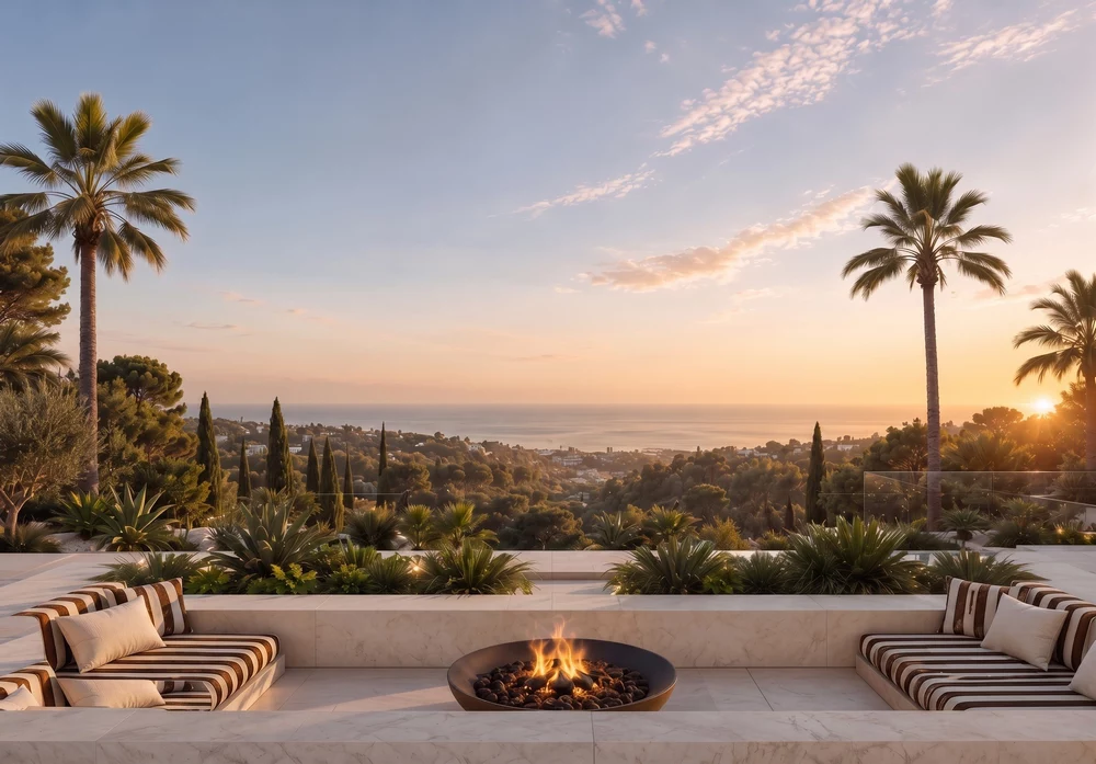 Outdoor terrace in Los Angeles with ocean view, fire pit, and modern landscape design