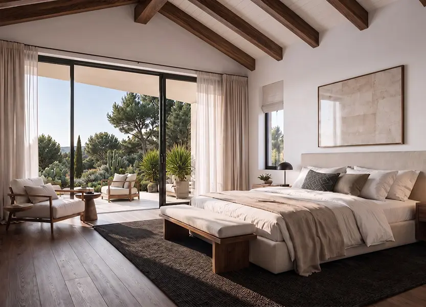 Luxury California bedroom interior design with natural light and outdoor terrace
