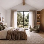 Modern bedroom interior design with custom wood cabinetry, fireplace, and natural materials