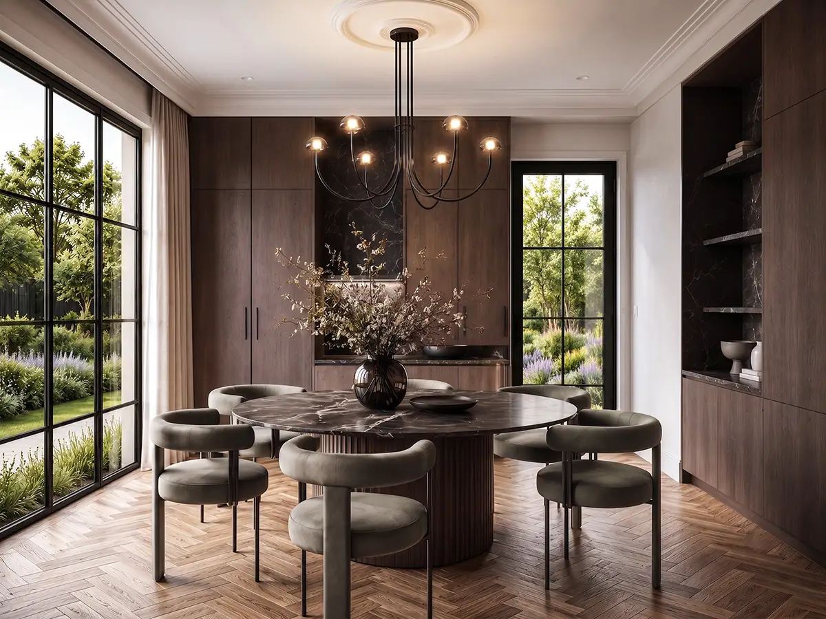 Newport Beach dining room interior design with round marble table and sculptural chandelier by Ataman Studio