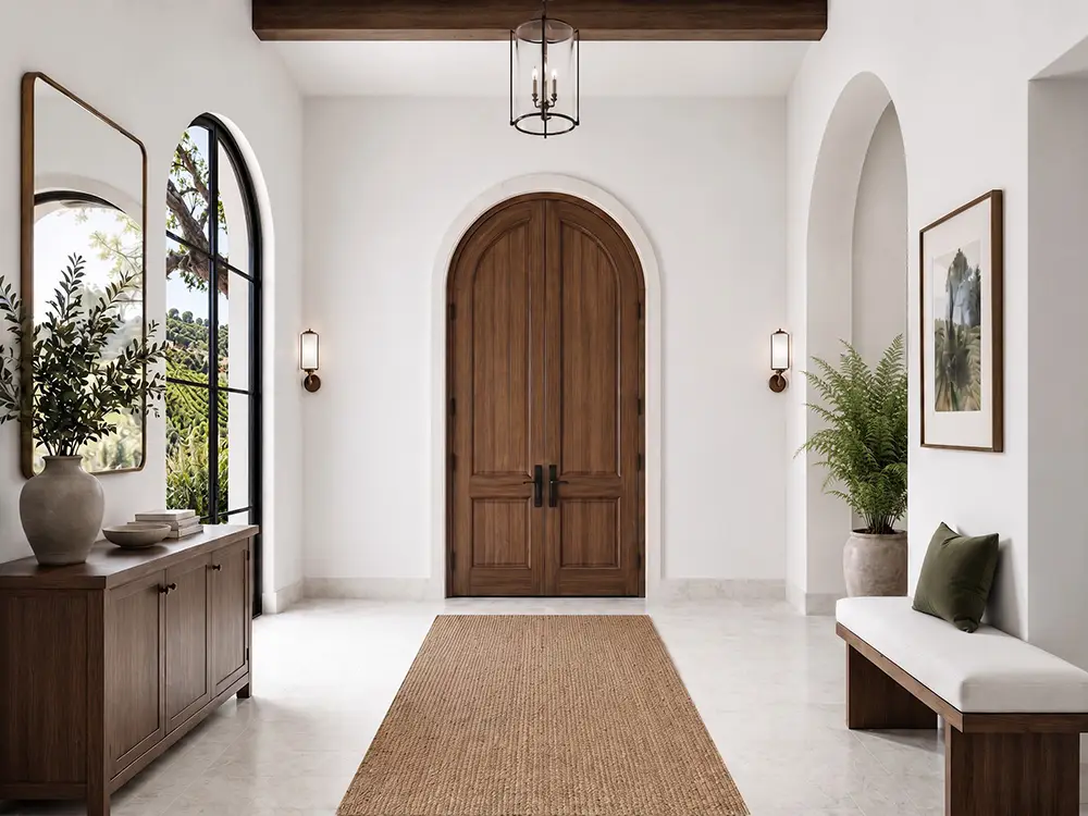 Pasadena interior design – elegant entryway with arched wooden doors, natural light and minimalist decor