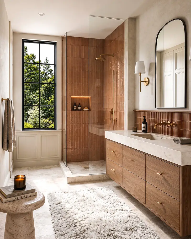 Santa Barbara bathroom interior with warm wood cabinetry, textured tiles, and sunlit modern design