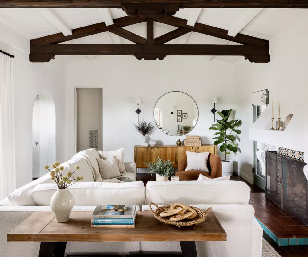 Modern interior with exposed wood beams