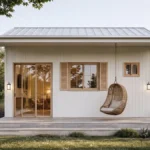 Modern backyard ADU with covered porch, sliding glass doors, and minimalist design in a landscaped garden