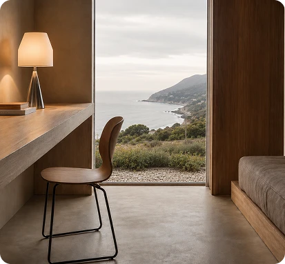 Modern residential interior with coastal views