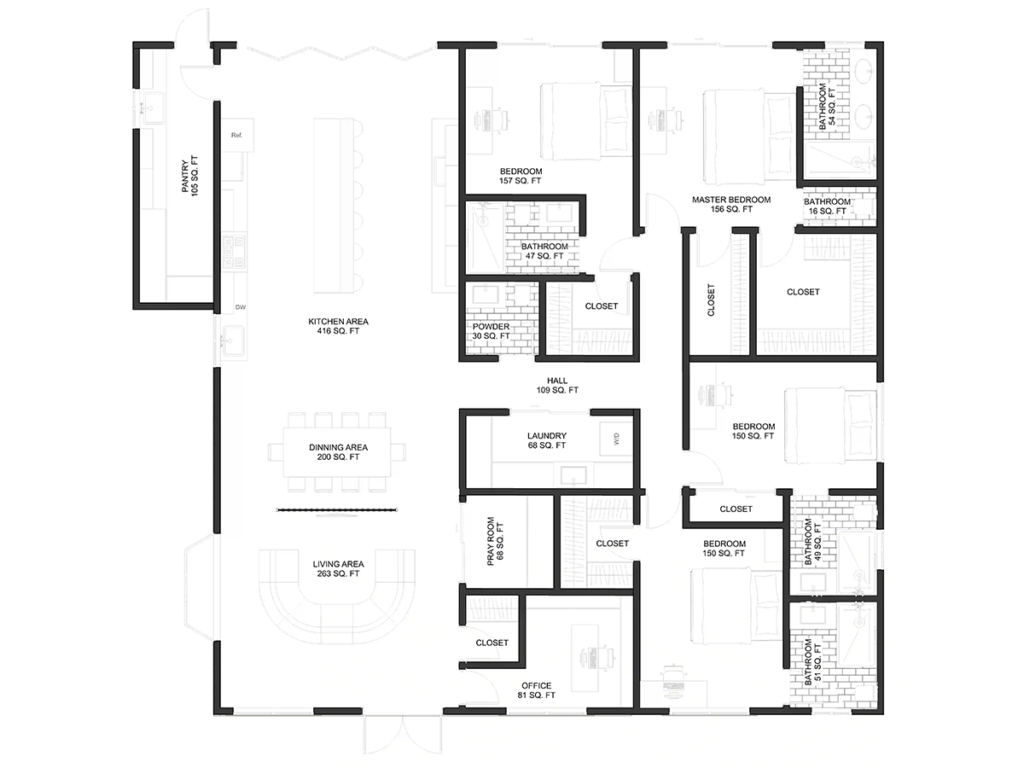 2,600 sq ft 4-bedroom one-story house floor plan