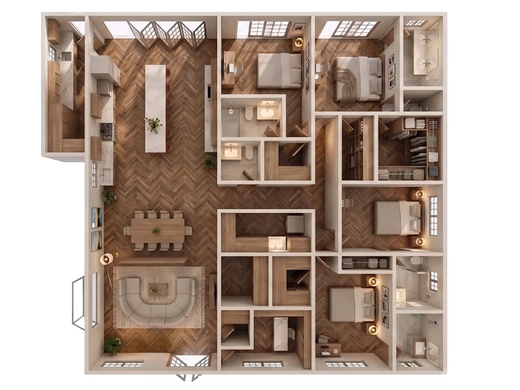 3D floor plan of a 2,600 sq ft 4-bedroom house