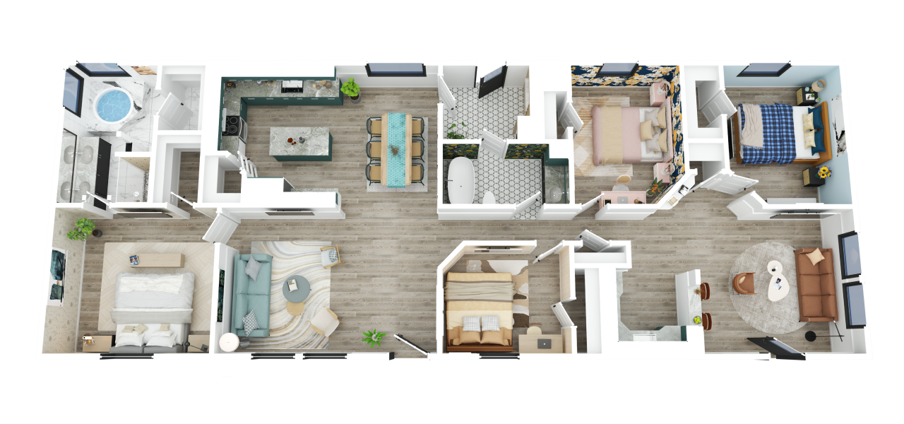 3D house floor plan showing furniture placement and room circulation