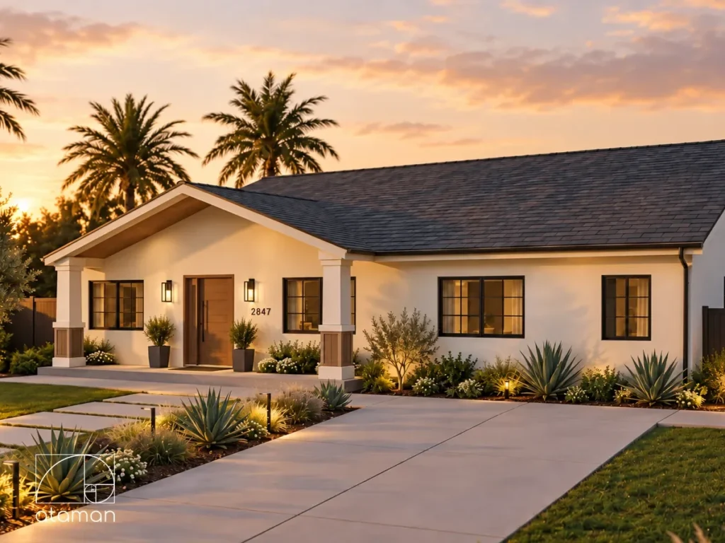 Modern farmhouse exterior for a 2,600 sq ft one-story house plan