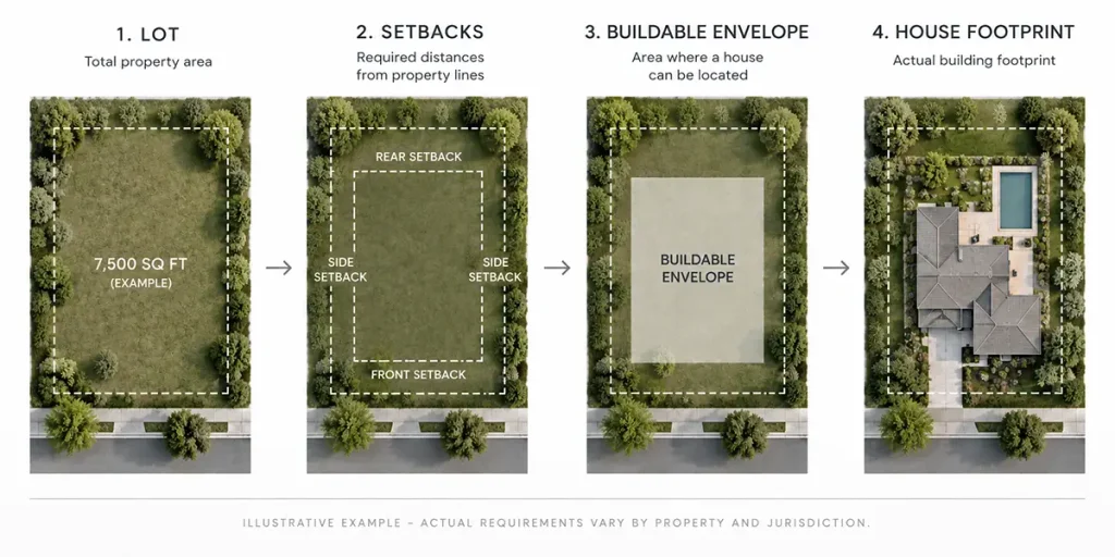 Lot setbacks, buildable envelope, and house footprint diagram