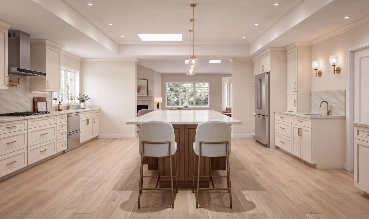 Open-plan kitchen and living space with defined functional zones
