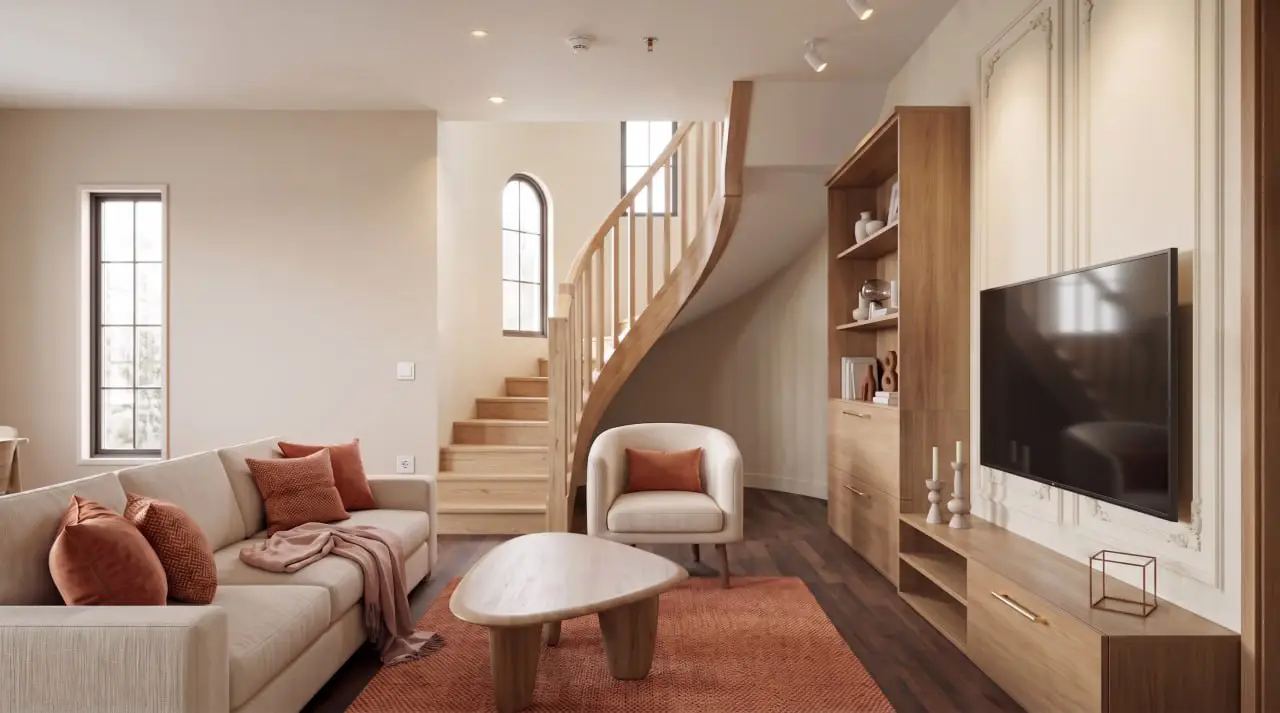 Living room with curved wooden staircase and natural light