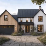 Modern two-story farmhouse with wood and white exterior