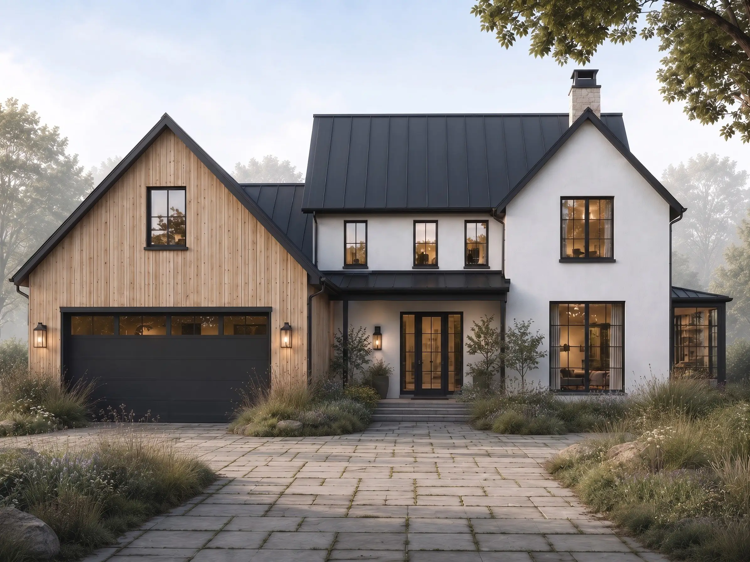Modern two-story farmhouse with wood and white exterior