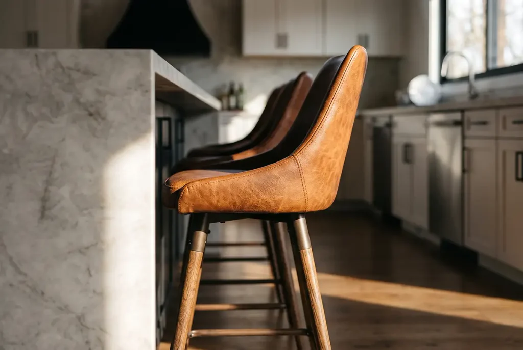 Leather bar stools beside a modern kitchen island