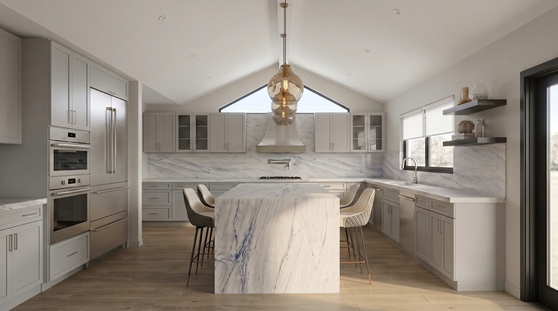 Modern remodeled kitchen with marble island and custom cabinetry