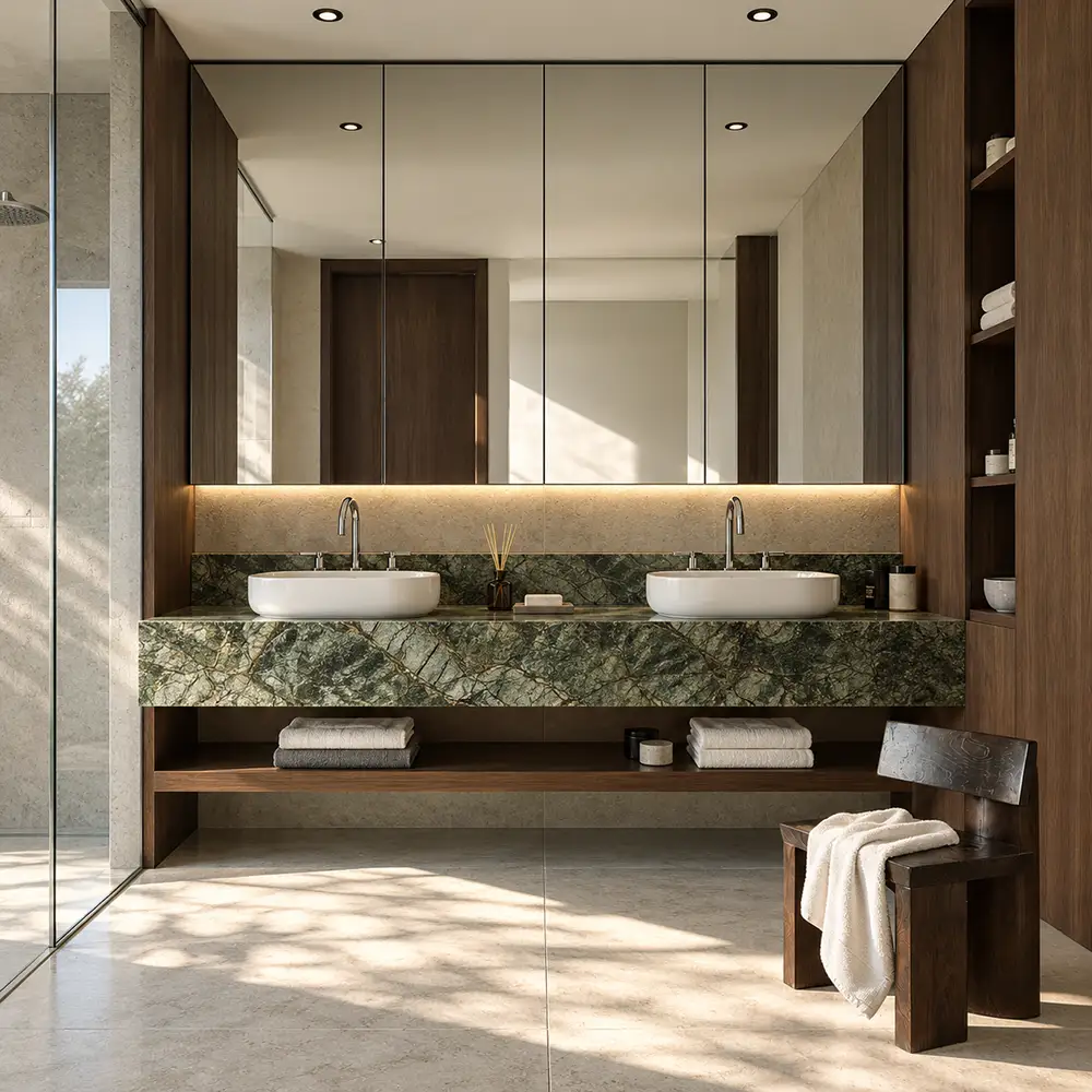 Modern bathroom with double sinks and marble vanity