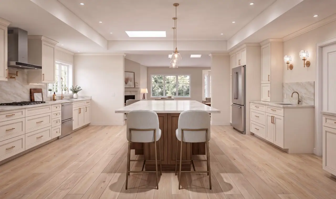 Open-concept kitchen with island and exposed ceiling beams
